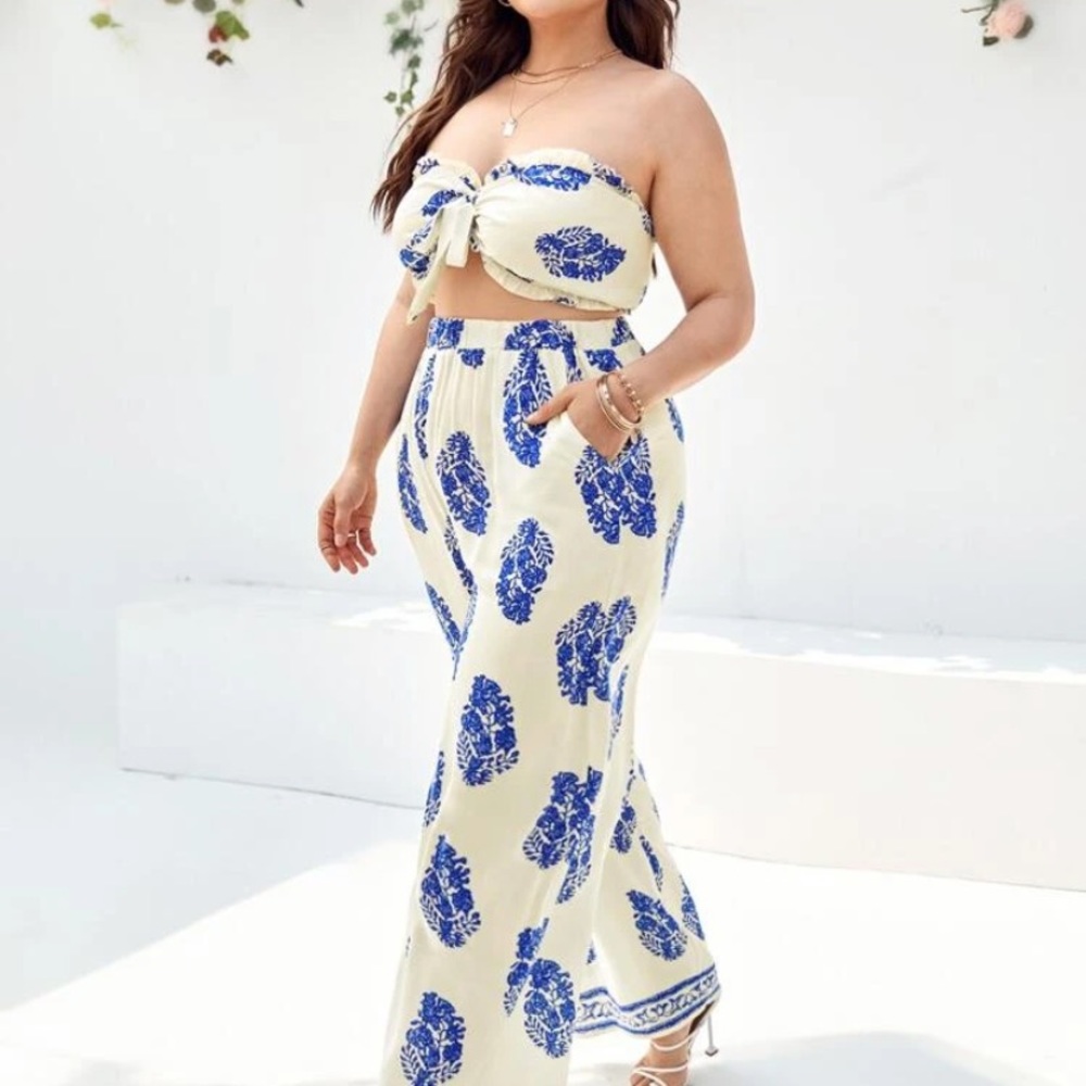 SHEIN plus Leaf print tie front tube top and pants